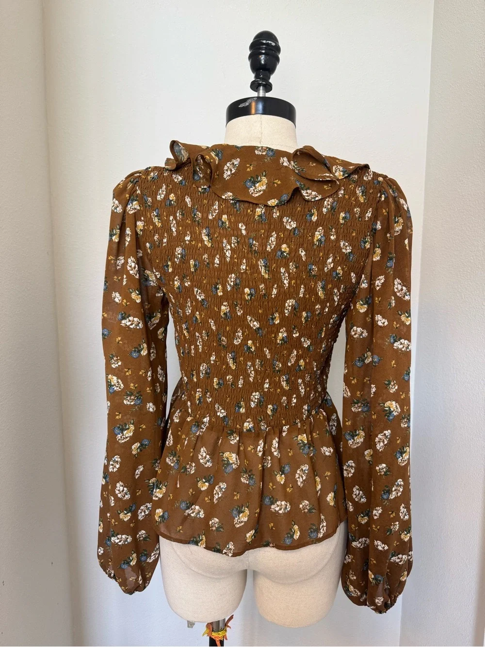 ASTR the Label Brown Ditsy Floral Ruffle Long Sleeve Smocked Top